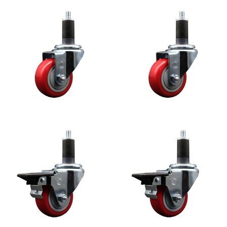 Service Caster 3'' Red Poly Wheel Swivel 1-1/4'' Expanding Stem Caster Set 2 Brakes, 4PK SCC-EX20S314-PPUB-RED-2-PLB-2-114